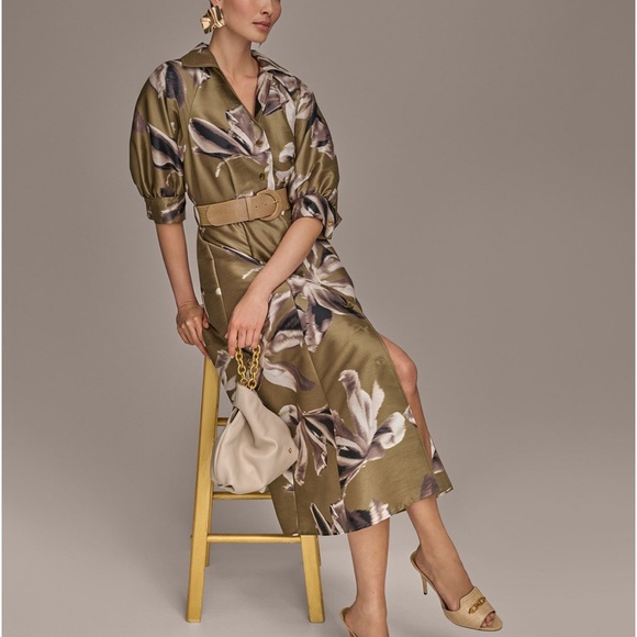 Donna Karan Floral Button-Up Shirt Dress with Belt. Size 8. Smoky Olive. NWT - Picture 2 of 9